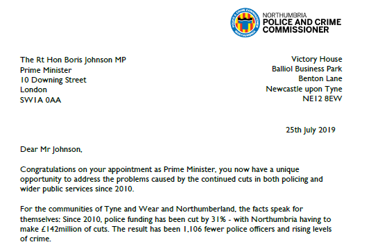 Commissioner McGuinness has challenged the new Prime Minister to hand over the funding to replace the more than 1,000 Northumbria police officers lost as a result of austerity